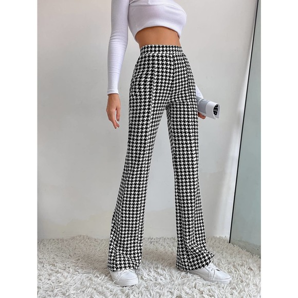 WILA Pants - minimalist High Waist Houndstooth Flare Leg Pants black white